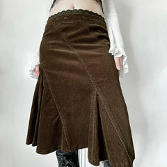 Hnewly Grunge y2k Brown Skirt Spring Autumn Retro Lace Stitching Low Rise A-line Midi Skirts for Women Vintage y2k Clothing Lady