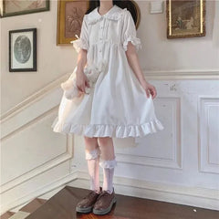Hnewly  Japanese Lolita White Dress Summer Puff Sleeve Ruffles Dress Preppy Style Kawaii Sweet Fairy Peter Pan Collar Women Midi Dresses