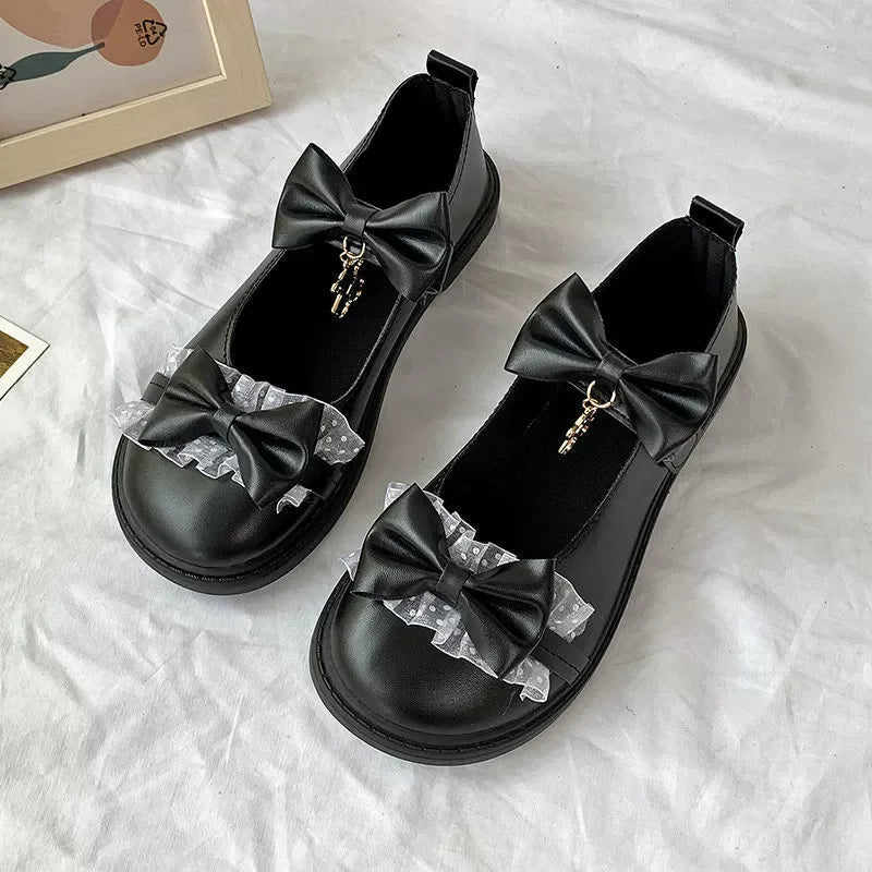 Hnewly  Lolita Kawaii Mary Janes Shoes Women Japanese Style Bow Design Sweet Flat Shoes Ladies Pure Color Lace Chic Sandals Autumn