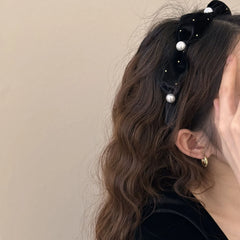 Hnewly  1Pc New Arrival Wide-Brim Pearl Velvet Headband, Niche Non-Slip Hair Hoop for Elevating Crown, Fashion Headband for Girls & Wome
