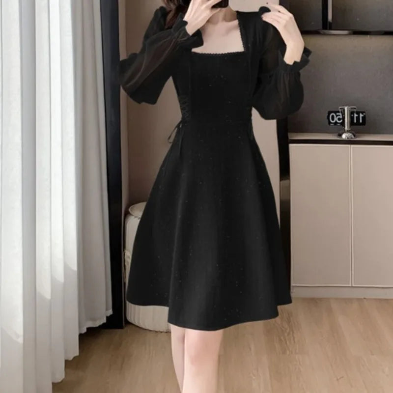 Hnewly  A-line Women Dressse Chiffon Sleeves Spring Autumn Solid Elegant Mini Dress Bandage Korean Fashion Vestidos Mujer