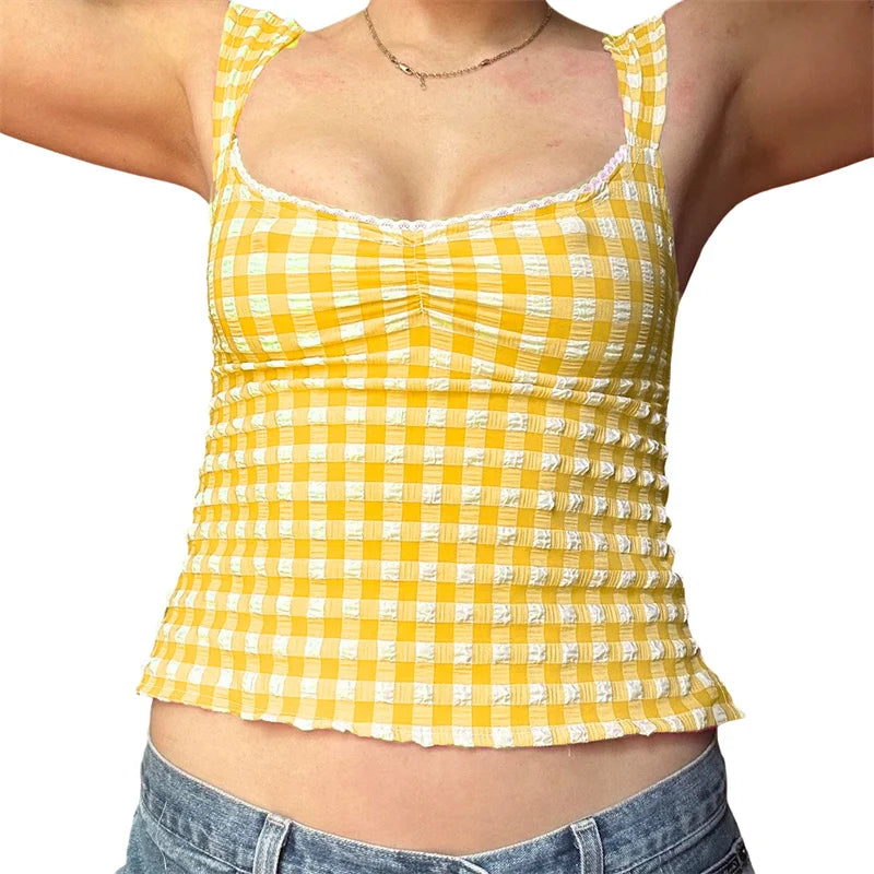 Hnewly y2k Tops for Women Summer Fairycore Clothing Plaid Print Lace Trim Sleeveless Tanks T Shirts 2000s Clothing Streetwear