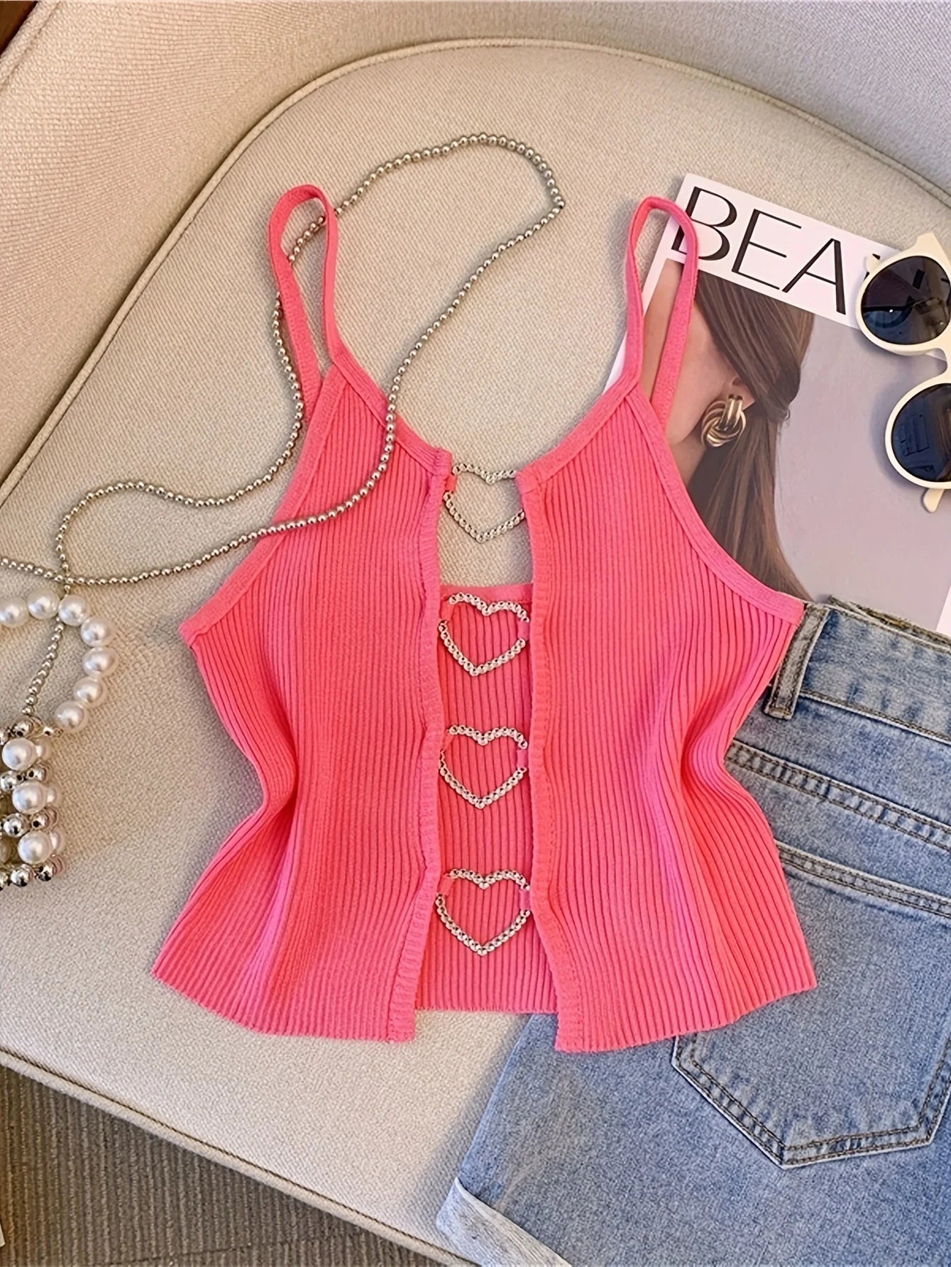 Hnewly summer inspo New Sexy Solid Ribbed Crop Sleeveless Top - Back Heart Decor Cami Top for Women Perfect for Spring & Summer