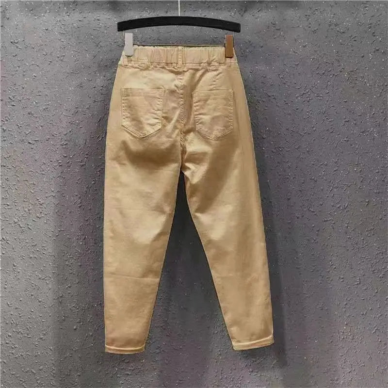 Hnewly Solid Casual Jeans For Summer/Autumn 2025 New Loose Versatile Harlan Pants Fashion Elastic Waist Buttons  Ankle-Length Pants