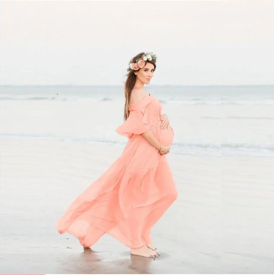 Hnewly  Maternity's Off Shoulder Chiffon Gown Maxi Long Photography Dress Pregnant Clothes Beach Fancy Pregnancy Photo Props Shoot