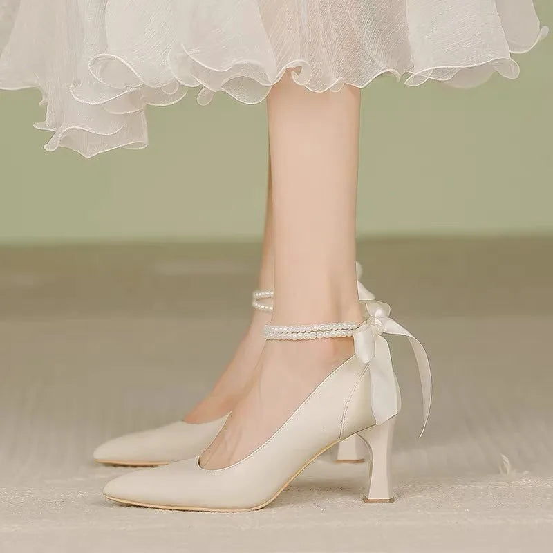 Hnewly Woman Footwear Beige Pearl Wedding Bride Shoe High Heels Pointed Toe Block Heel Shoes for Women Non Slip Fashion Chic High Heels