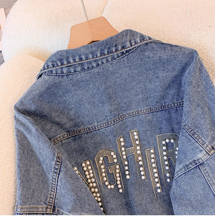 Hnewly  Nail Bead Denim Jacket For Women's Spring Autumn 2025 New Style Loose Versatile Long Sleeved  Turndown Collar Coat Top