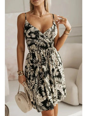 Hnewly  New Fashion Women's  Summer Wrap Pleated Dresses Ladies Floral Print Sexy Spaghetti Strap Sling DressBeach Dress A Line Sundress