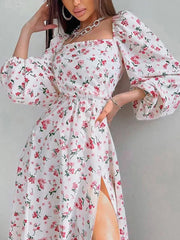 Hnewly  Women Elegant Floral Print Slim Long Dress Sexy Square Neck Backless Full Lantern Sleeve Split Robe Lady Vacation Gowns New