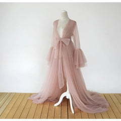Hnewly  Sheer Tulle Maternity Gown – Long Sleeve Formal Evening Dress for Photoshoot, Elegant Robe Dress