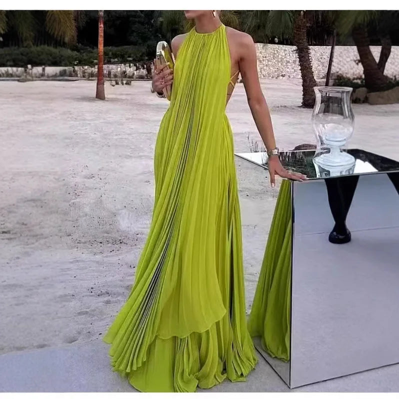 Hnewly  Sexy Backless round Neck Sleeveless Beach Dress Women's Vacation Style Loose Waist Soft Polyester Gored Skirt Long Summer Dress