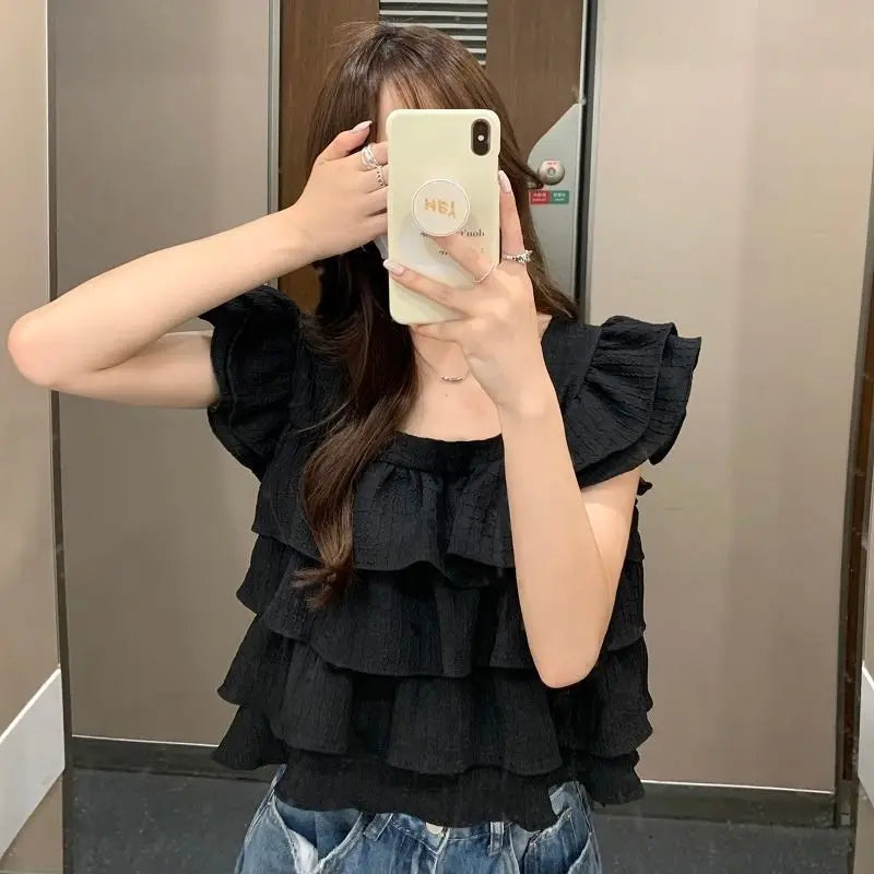 Hnewly Black Ruffles Blouses Women Kawaii Vintage Flying Sleeve Korean Style Personality Girlish Harajuku Streetwear Daily Summer Tops