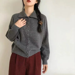 Hnewly  High Neck Button Down Cardigan Women Long Sleeve Knitted Sweater Jacket Cozy Knitwear Teen-girl Fall Winter Basic Chic Knitwear