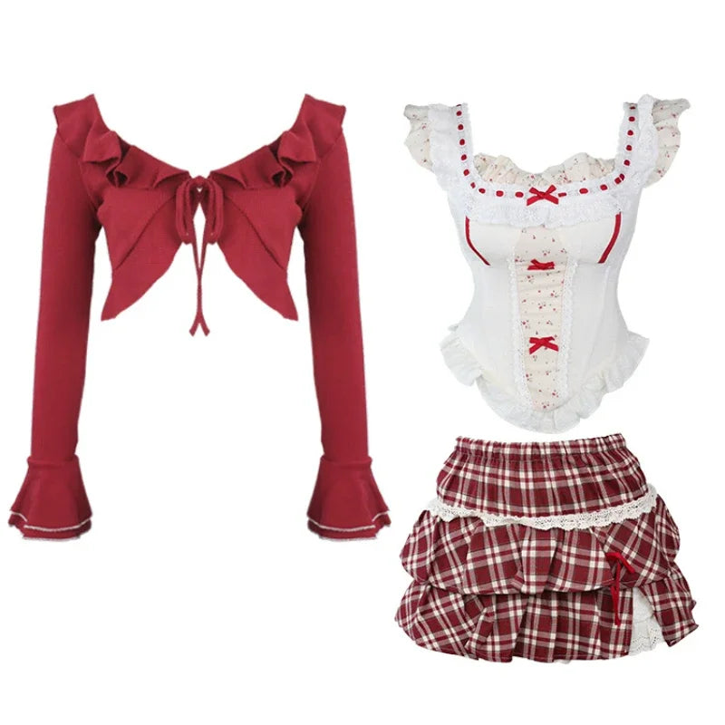 Hnewly Kawaii Lolita Style Sweet 3 Piece Set Woman Cute Short Cardigan Bow Floral Vest Y2k Plaid Mini Skirts Female Korean Fashion Suit