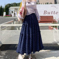 Hnewly  Korean Style Printed Long Skirts for Women Sweet High Waist A Line Skirts Woman Fashion Patchwork Ruffles Maxi Skirt Ladies