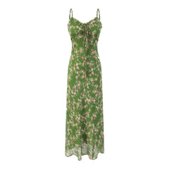 Hnewly   Green Pink Floral Print Women Dress For Summer 2025 New V-neck Chiffon Long Dresses Fashion High Waist Vacation Beach Vestidos