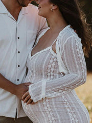 Hnewly  Elegant Maternity Dress Photoshoot Adjustable Lace Gown for Baby Shower Prenatal Photography Two-piece set