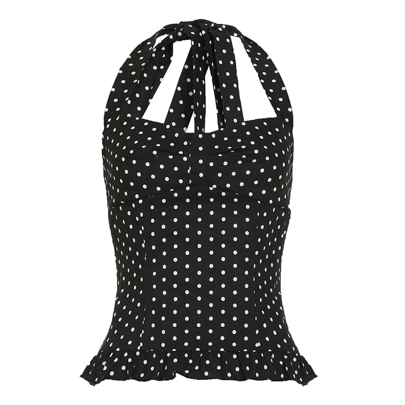 Hnewly Sweet Polka Dot Tank Top Elegant Cute Sleeveless Lace-up Halter Cropped Top for Women Summer Holiday Tees Korean Fashion