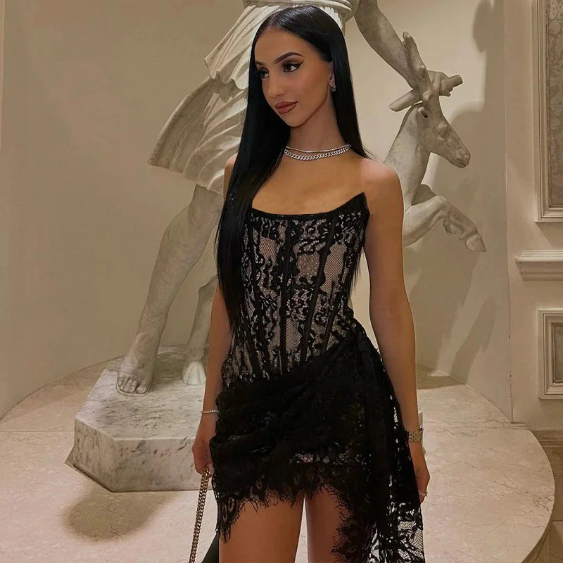 Hnewly  Elegant Lace Strapless Sexy See-through Dress Bandage Irregular Mini Dresses For Women Summer Slim Street Party Dress