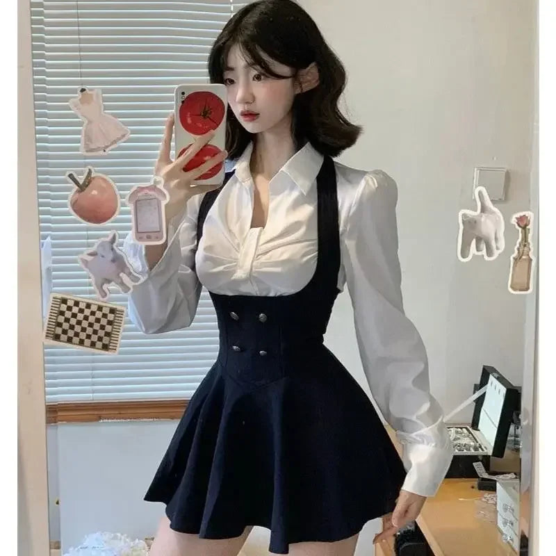 Hnewly spring birthday outfit Preppy Style Vintage Fashion Suit Woman White Shirt + Short Coat High Waist Slim Y2k Mini Dress Japanese Elegant Set 2025 Chic