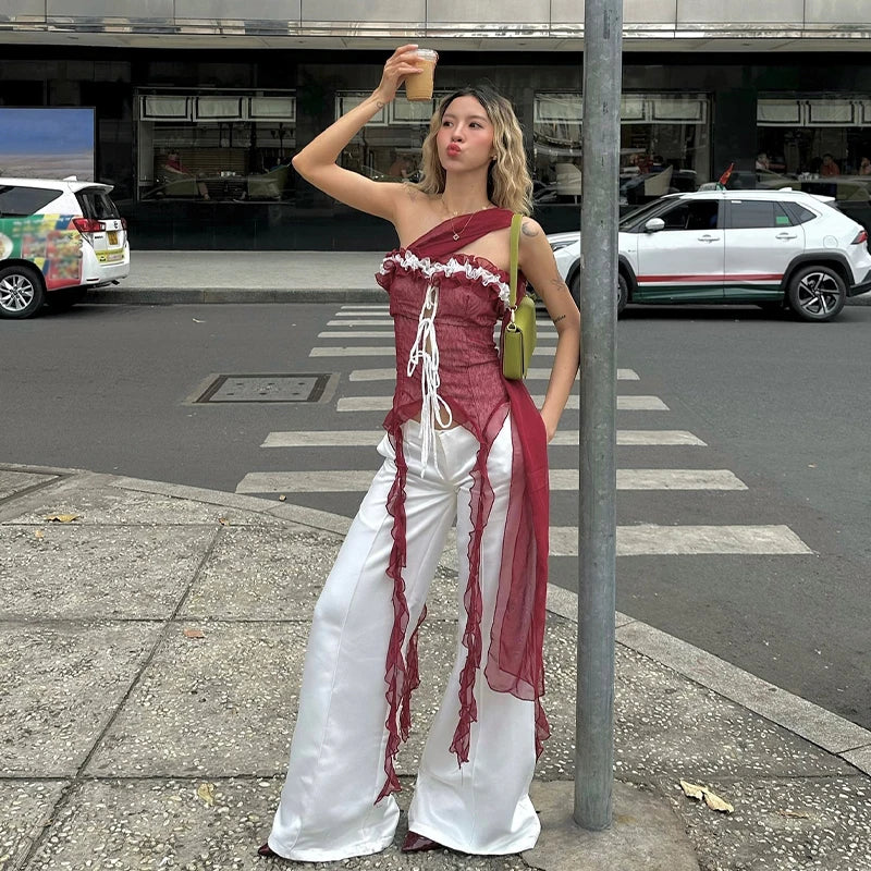 Hnewly Sexy Ruched Lace up Halter Top Y2K Vintage Sleeveless Backless Women's Vest Summer Casual Street Daily Formal Camisole