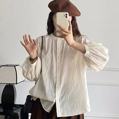 Hnewly  White Floral Embroidery Shirts Women Spring Autumn Elegant Long Lantern Sleeve Blouses Woman O-Neck Single Breasted Female