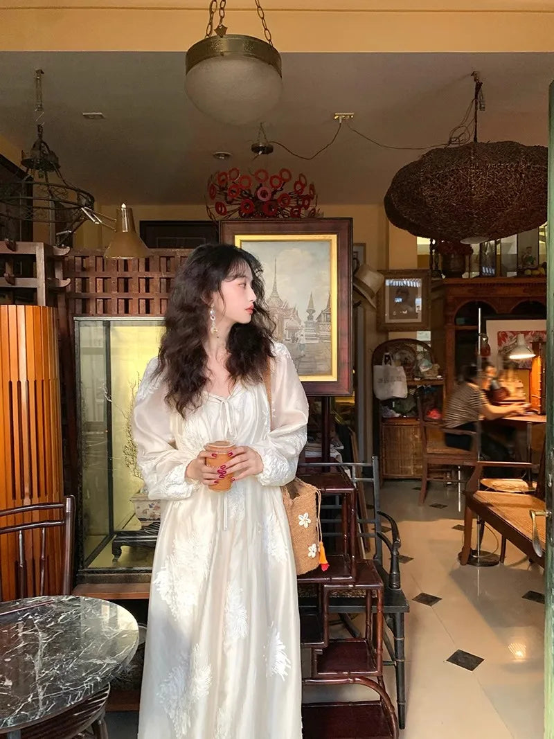 Hnewly French Vintage Midi Dress Women Casual Long Sleeve Elegant Dress Beach Style Even Party Clothing Korean Fashion Chic