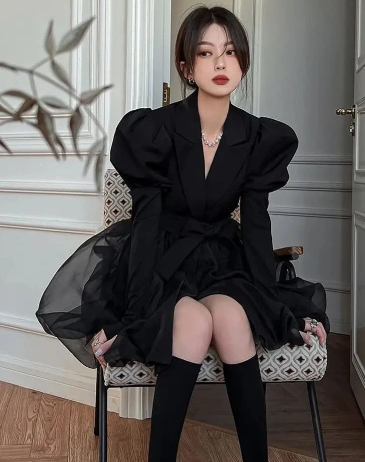 Hnewly DRESS TO IMPRESS Korean Black Mini Blazer Dress Women Elegant Vintage Chic Mesh Design Y2k Dress Winter Casual Sash Evening Party Dress One Piece
