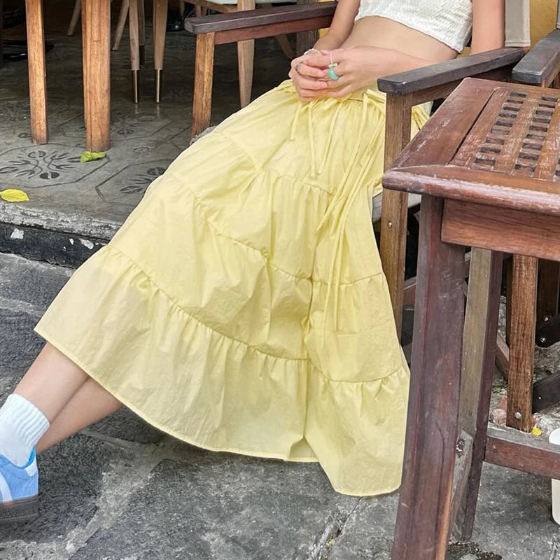 Hnewly Cute Fairycore Bow Stitching Skirt Summer Holiday Casual Loose A-line Long Skirts for Women y2k Aesthetic Ladies Clothing