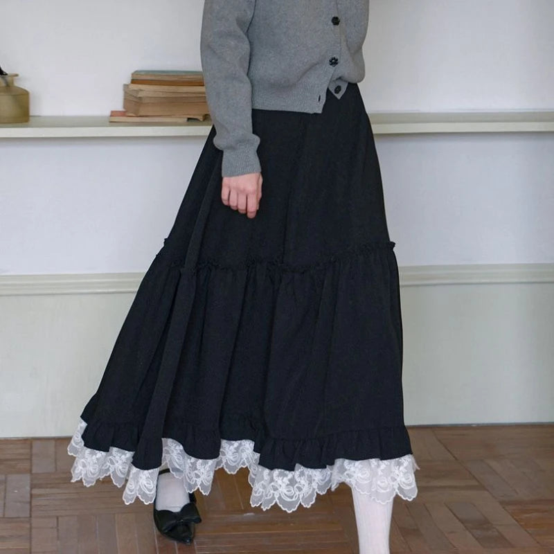 Hnewly  Japanese Style Long Skirt Women Vintage Harajuku Gothic Black Skirts Elegant Lace Patchwork Autumn Winter A-line Skirt