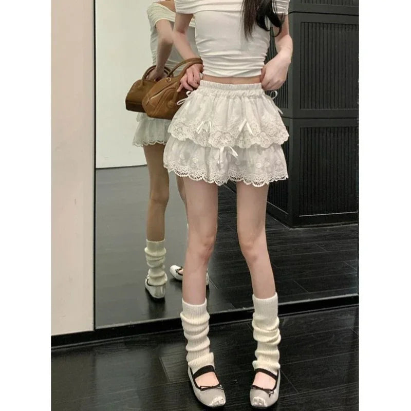Hnewly Coquette White Lace Short Skirt Ruffle Women Sweet Bow Kawaii Mini Skirts Patchwork Layered A-line Aesthetics Skirt
