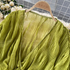 Hnewly Women Sexy Chiffon Short Blouse Female See Through Super Long Sleeve Blusas Purple/Green/Black/White Folds Party Tops New
