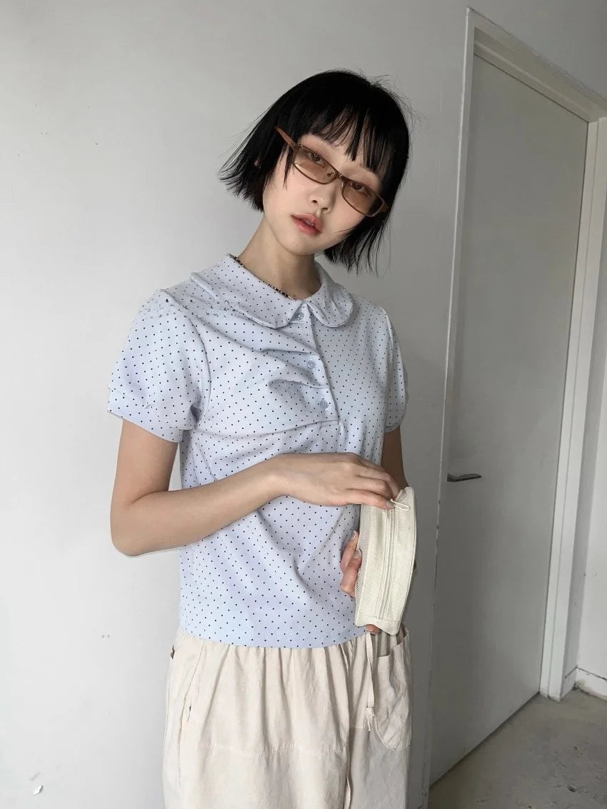 Hnewly Casual Polka Dot Pleated irt ort Sve Turn-down Collar Doll Collar Summer Faion Women's Polyester Fiber 00% Top