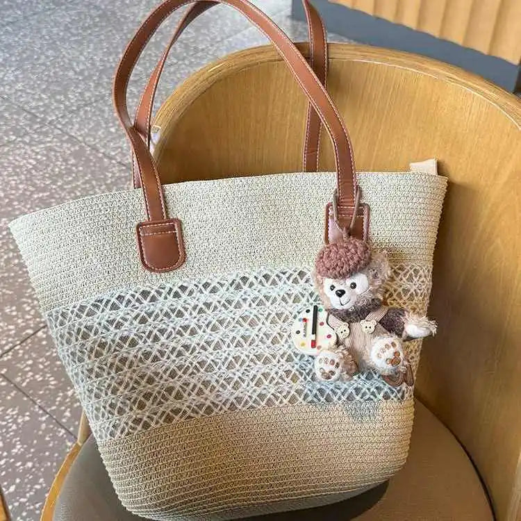 Hnewly  Beige Simple Hollow Out Tote Bag Women Straw Woven Large Capacity Shoulder Bag Ladies Fashion Casual Beach Vacation Tote Bag New