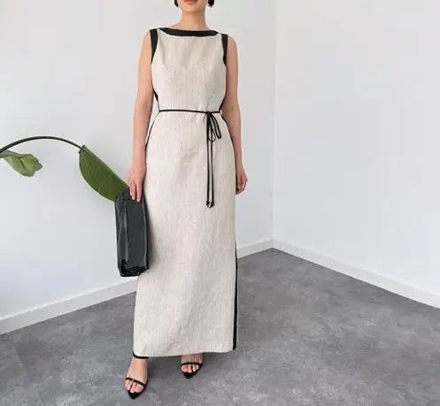 Hnewly  Sleeveless Contrast - Detailed Maxi Dress for Women, Tie - Waist Long Dress with Belt, Ideal for Party