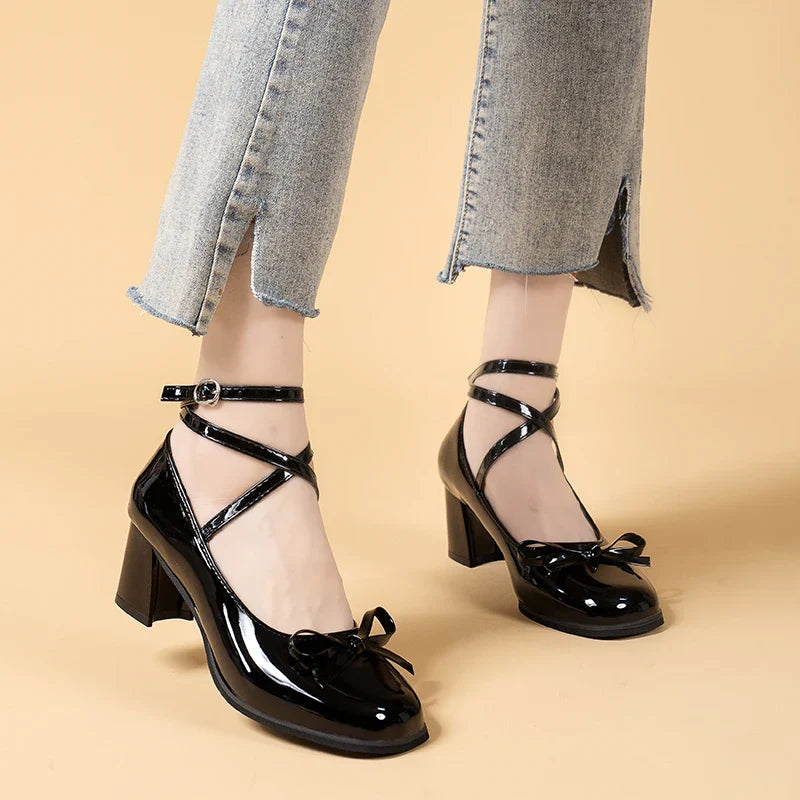 Hnewly Black Retro Cross-Tie Pumps Casual Summer Round Toe Shoes Ladies Sweet Fashion Shoes Woman Bow Design