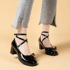 Hnewly Black Retro Cross-Tie Pumps Casual Summer Round Toe Shoes Ladies Sweet Fashion Shoes Woman Bow Design
