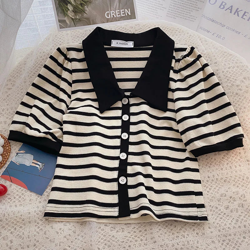 Hnewly Korean Contrast Stripe T-shirt Cardigan 2025 New Summer Women's Commuting Fashion Buttons Lapel Shirt Slim Versatile Top Trend