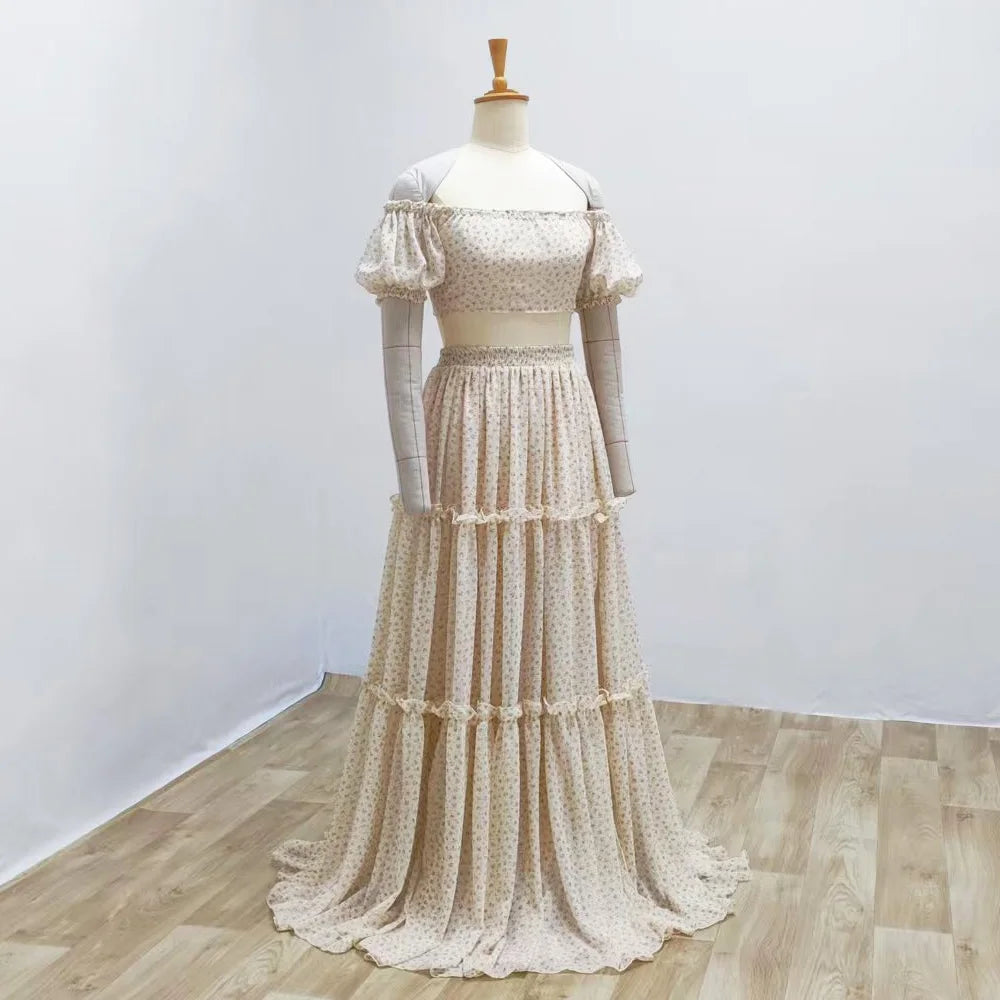 Hnewly  Maternity Dress For Baby Showers Printed Chiffon Off Shoulder Puff Sleeve Two-Piece Adjustable Uniform Size Pregnant Women Dress