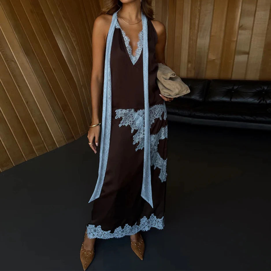 Hnewly  Women Satin Lace Trim Maxi Skirt Sets Y2k Tie Up Collar Sleeveless Cami Crop Top + Long Skirt Elegant Lady 2 Piece Outfits