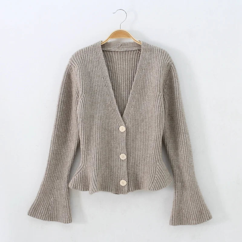 Hnewly  Flared Sleeve Cardigan for Women Ruffled Hem Rib Knit Long Sleeve V-Neck Button Up Sweater Jacket Autumn Winter Elegant Outfit
