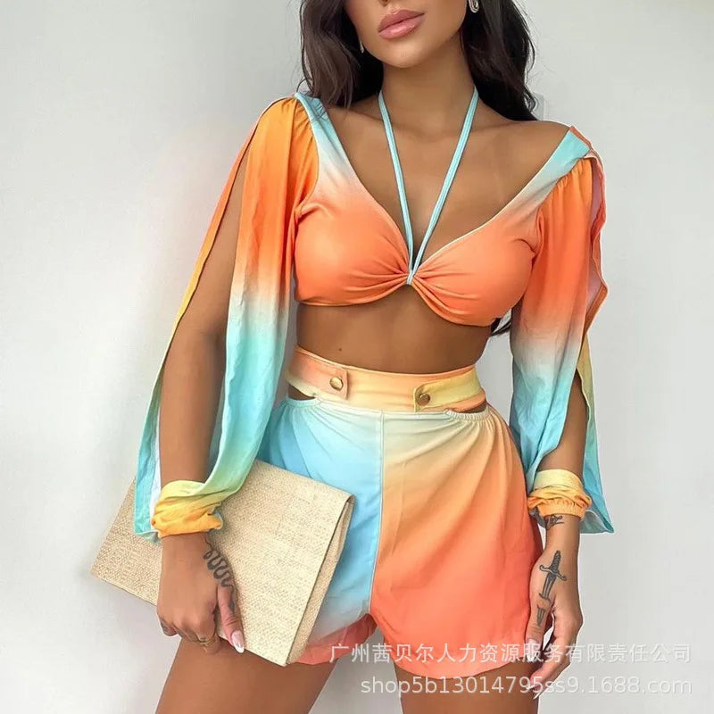 Hnewly  Summer Women's Stylish Casual Set Tie-Dye Pattern with Long Sleeve Halter Top and and Shorts Cutout Detail Suitable for Vacation