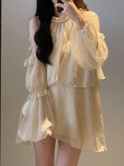 Hnewly  New Women Chiffon Dresses Summer French Style Solid Fashion Y2K Sexy Off-the-shoulder Long Puff Sleeve Ruffles Simple Dress