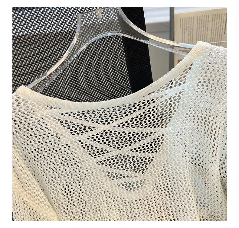 Hnewly Black White Striped Ice Silk Knitted Sweater Women Long Sleeved Loose Lazy Style Mesh Pullover Spicy Girl Hollow Out Top