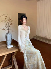 Hnewly Spring New Slim Fit Ruffles Long Sleeve Tops Women+ Y2k Mid-length Flower Print Skirts  Chinese Style Two Piece Sets