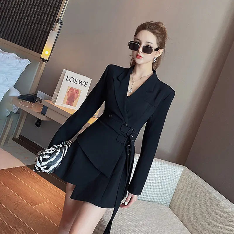 Hnewly Korean Edition Black Mini Party Suit Dress Women's One Piece Office Elegant Dress Fashion Belt Design Long Sleeve Dress