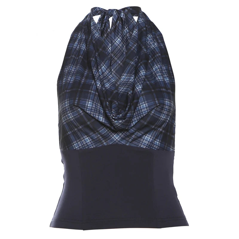 Hnewly Korean Fashion Sleeveless Tank Tops Women Vintage Plaid Y2k Crop Top Female Casual Outdoors Backless Blouse Chic Streetwear