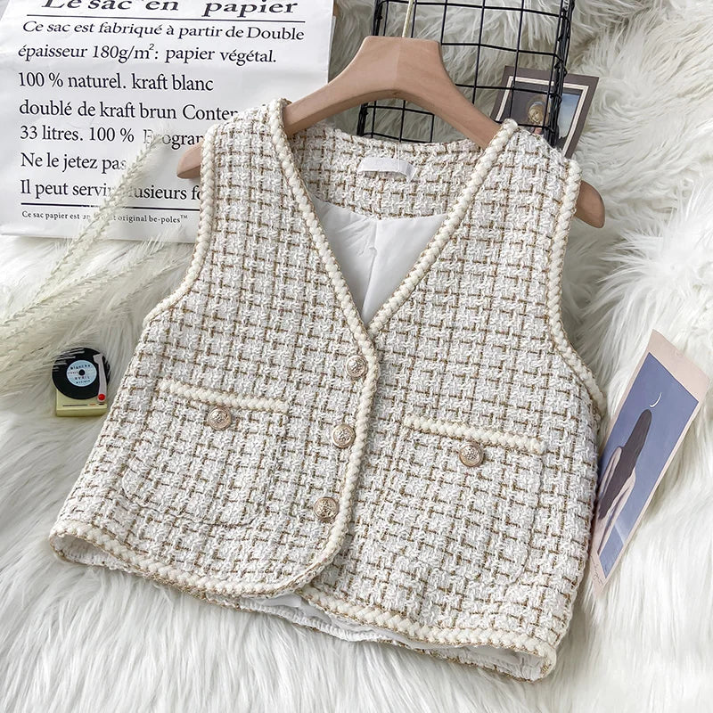 Hnewly  Women New Autumn Tweed Elegant Vintag Vest V-neck Sleeveless Slim Pockets Waistcoat Ladies Fashion Womens Short Small Vest