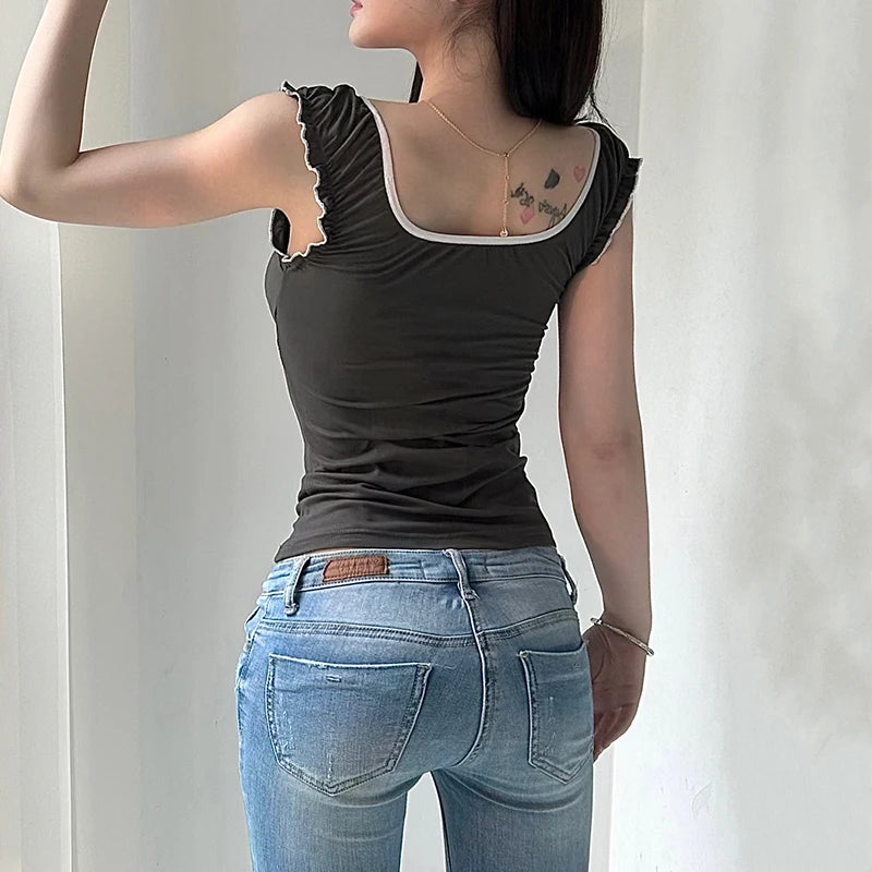 Hnewly y2k Ruched Lace Patchwork Cropped Top Women Chic Bandage Bow Contrast T Shirts 2000s Vintage Clothing Ladies Harajuku Tee