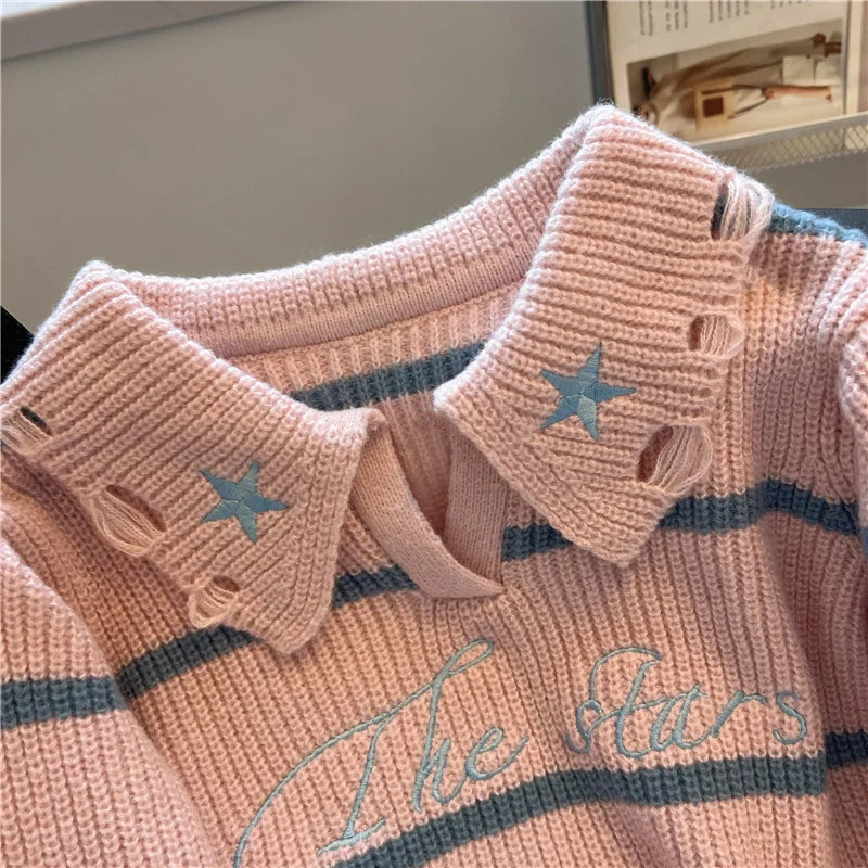 Hnewly  Short Sweater Women's Autumn Winter 2025 New Stripe Hollow Out Fashion Star Letter Knitwear Long Sleeve Top Thicked Pullover